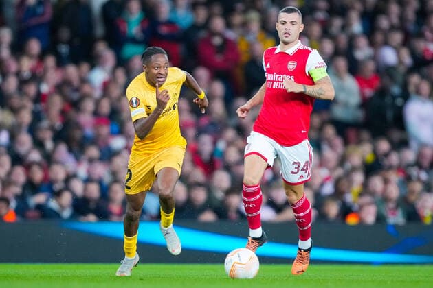 UEFA Europa League 2022 2023 Arsenal Bodo Glimt London, England 20221006 Japhet Sery Larsen t v and Granit Xhaka during the Europa League group stage match between Arsenal and Bodo Glimt at the Emirates Stadium Photo Beate Oma Dahle NTB London England  Copyright: xBeatexOmaxDahlex xNTBx EDITORIAL USE ONLY. RESTRICTED USE FOR BETTING COMPANIES