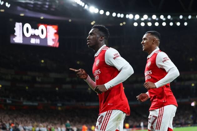 Mandatory Credit: Photo by Simon Dael Shutterstock (13442648l) Eddie Nketiah of Arsenal celebrates after scoring a goal (1-0) Arsenal v Bodo Glimt, UEFA Europa League, Group A, Football, Emirates Stadium, London, UK - 06 Oct 2022 EDITORIAL USE ONLY No use with unauthorised audio, video, data, fixture lists, club league logos or live services. Online in-match use limited to 120 images, no video emulation. No use in betting, games or single club league player publications. Arsenal v Bodo Glimt, UEFA Europa League, Group A, Football, Emirates Stadium, London, UK - 06 Oct 2022 EDITORIAL USE ONLY No use with unauthorised audio, video, data, fixture lists, club league logos or live services. Online in-match use limited to 120 images, no video emulation. No use in betting, games or single club league player publications.  Copyright: xSimonxDael Shutterstockx 13442648l