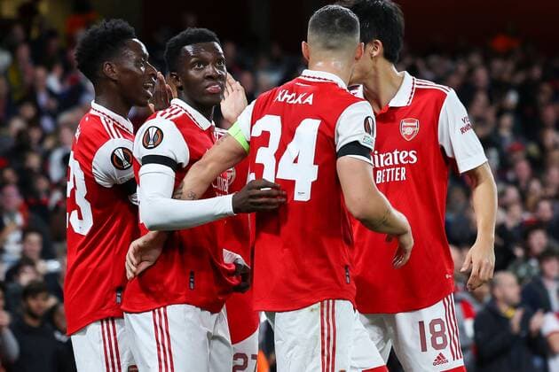 Mandatory Credit: Photo by Simon Dael Shutterstock (13442648m) Eddie Nketiah of Arsenal celebrates after scoring a goal (1-0) Arsenal v Bodo Glimt, UEFA Europa League, Group A, Football, Emirates Stadium, London, UK - 06 Oct 2022 EDITORIAL USE ONLY No use with unauthorised audio, video, data, fixture lists, club league logos or live services. Online in-match use limited to 120 images, no video emulation. No use in betting, games or single club league player publications. Arsenal v Bodo Glimt, UEFA Europa League, Group A, Football, Emirates Stadium, London, UK - 06 Oct 2022 EDITORIAL USE ONLY No use with unauthorised audio, video, data, fixture lists, club league logos or live services. Online in-match use limited to 120 images, no video emulation. No use in betting, games or single club league player publications.  Copyright: xSimonxDael Shutterstockx 13442648m