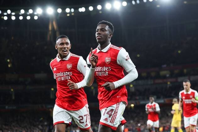 Mandatory Credit: Photo by Simon Dael Shutterstock (13442648n) Eddie Nketiah of Arsenal celebrates after scoring a goal (1-0) Arsenal v Bodo Glimt, UEFA Europa League, Group A, Football, Emirates Stadium, London, UK - 06 Oct 2022 EDITORIAL USE ONLY No use with unauthorised audio, video, data, fixture lists, club league logos or live services. Online in-match use limited to 120 images, no video emulation. No use in betting, games or single club league player publications. Arsenal v Bodo Glimt, UEFA Europa League, Group A, Football, Emirates Stadium, London, UK - 06 Oct 2022 EDITORIAL USE ONLY No use with unauthorised audio, video, data, fixture lists, club league logos or live services. Online in-match use limited to 120 images, no video emulation. No use in betting, games or single club league player publications.  Copyright: xSimonxDael Shutterstockx 13442648n
