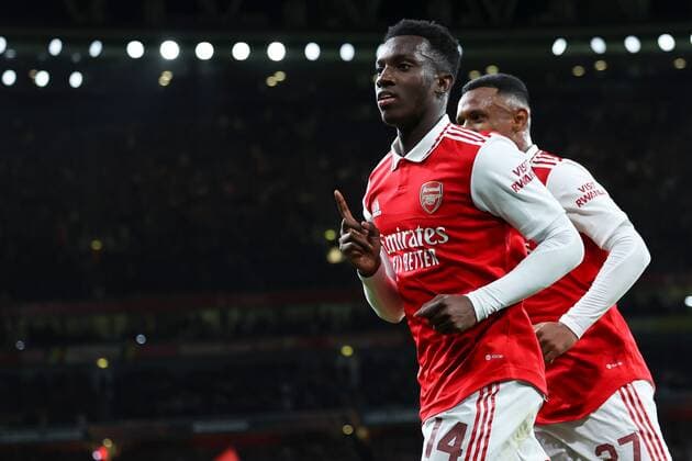 Mandatory Credit: Photo by Simon Dael Shutterstock (13442648k) Eddie Nketiah of Arsenal celebrates after scoring a goal (1-0) Arsenal v Bodo Glimt, UEFA Europa League, Group A, Football, Emirates Stadium, London, UK - 06 Oct 2022 EDITORIAL USE ONLY No use with unauthorised audio, video, data, fixture lists, club league logos or live services. Online in-match use limited to 120 images, no video emulation. No use in betting, games or single club league player publications. Arsenal v Bodo Glimt, UEFA Europa League, Group A, Football, Emirates Stadium, London, UK - 06 Oct 2022 EDITORIAL USE ONLY No use with unauthorised audio, video, data, fixture lists, club league logos or live services. Online in-match use limited to 120 images, no video emulation. No use in betting, games or single club league player publications.  Copyright: xSimonxDael Shutterstockx 13442648k