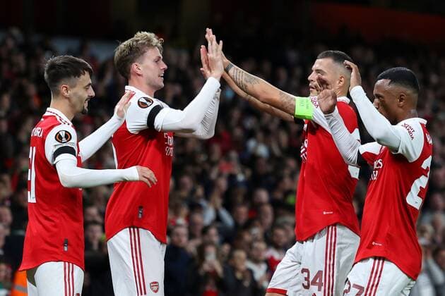 Mandatory Credit: Photo by Simon Dael Shutterstock (13442648t) a16 celebrates after scoring a goal (2-0) Arsenal v Bodo Glimt, UEFA Europa League, Group A, Football, Emirates Stadium, London, UK - 06 Oct 2022 EDITORIAL USE ONLY No use with unauthorised audio, video, data, fixture lists, club league logos or live services. Online in-match use limited to 120 images, no video emulation. No use in betting, games or single club league player publications. Arsenal v Bodo Glimt, UEFA Europa League, Group A, Football, Emirates Stadium, London, UK - 06 Oct 2022 EDITORIAL USE ONLY No use with unauthorised audio, video, data, fixture lists, club league logos or live services. Online in-match use limited to 120 images, no video emulation. No use in betting, games or single club league player publications.  Copyright: xSimonxDael Shutterstockx 13442648t