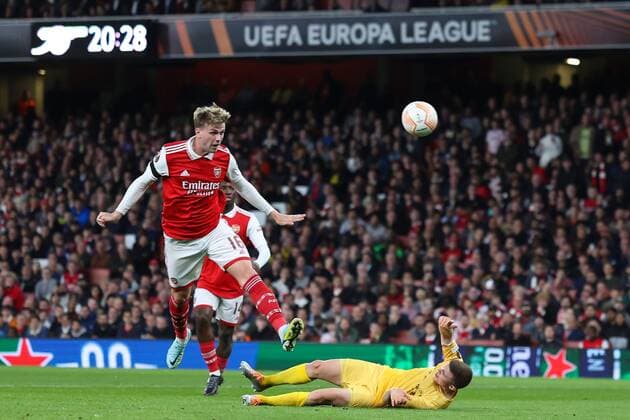 Mandatory Credit: Photo by Simon Dael Shutterstock (13442648o) Rob Holding of Arsenal scoring a goal (2-0) Arsenal v Bodo Glimt, UEFA Europa League, Group A, Football, Emirates Stadium, London, UK - 06 Oct 2022 EDITORIAL USE ONLY No use with unauthorised audio, video, data, fixture lists, club league logos or live services. Online in-match use limited to 120 images, no video emulation. No use in betting, games or single club league player publications. Arsenal v Bodo Glimt, UEFA Europa League, Group A, Football, Emirates Stadium, London, UK - 06 Oct 2022 EDITORIAL USE ONLY No use with unauthorised audio, video, data, fixture lists, club league logos or live services. Online in-match use limited to 120 images, no video emulation. No use in betting, games or single club league player publications.  Copyright: xSimonxDael Shutterstockx 13442648o