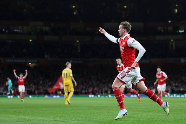 Mandatory Credit: Photo by Simon Dael Shutterstock (13442648s) a16 celebrates after scoring a goal (2-0) Arsenal v Bodo Glimt, UEFA Europa League, Group A, Football, Emirates Stadium, London, UK - 06 Oct 2022 EDITORIAL USE ONLY No use with unauthorised audio, video, data, fixture lists, club league logos or live services. Online in-match use limited to 120 images, no video emulation. No use in betting, games or single club league player publications. Arsenal v Bodo Glimt, UEFA Europa League, Group A, Football, Emirates Stadium, London, UK - 06 Oct 2022 EDITORIAL USE ONLY No use with unauthorised audio, video, data, fixture lists, club league logos or live services. Online in-match use limited to 120 images, no video emulation. No use in betting, games or single club league player publications.  Copyright: xSimonxDael Shutterstockx 13442648s