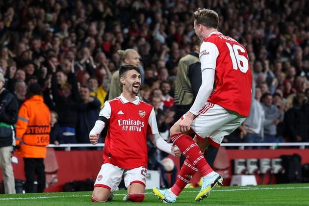Mandatory Credit: Photo by Simon Dael Shutterstock (13442648u) a16 celebrates after scoring a goal (2-0) Arsenal v Bodo Glimt, UEFA Europa League, Group A, Football, Emirates Stadium, London, UK - 06 Oct 2022 EDITORIAL USE ONLY No use with unauthorised audio, video, data, fixture lists, club league logos or live services. Online in-match use limited to 120 images, no video emulation. No use in betting, games or single club league player publications. Arsenal v Bodo Glimt, UEFA Europa League, Group A, Football, Emirates Stadium, London, UK - 06 Oct 2022 EDITORIAL USE ONLY No use with unauthorised audio, video, data, fixture lists, club league logos or live services. Online in-match use limited to 120 images, no video emulation. No use in betting, games or single club league player publications.  Copyright: xSimonxDael Shutterstockx 13442648u