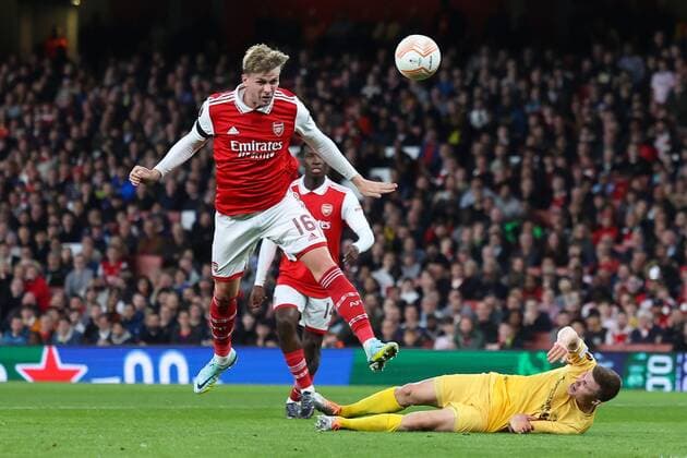 Mandatory Credit: Photo by Simon Dael Shutterstock (13442648q) Rob Holding of Arsenal scoring a goal (2-0) Arsenal v Bodo Glimt, UEFA Europa League, Group A, Football, Emirates Stadium, London, UK - 06 Oct 2022 EDITORIAL USE ONLY No use with unauthorised audio, video, data, fixture lists, club league logos or live services. Online in-match use limited to 120 images, no video emulation. No use in betting, games or single club league player publications. Arsenal v Bodo Glimt, UEFA Europa League, Group A, Football, Emirates Stadium, London, UK - 06 Oct 2022 EDITORIAL USE ONLY No use with unauthorised audio, video, data, fixture lists, club league logos or live services. Online in-match use limited to 120 images, no video emulation. No use in betting, games or single club league player publications.  Copyright: xSimonxDael Shutterstockx 13442648q