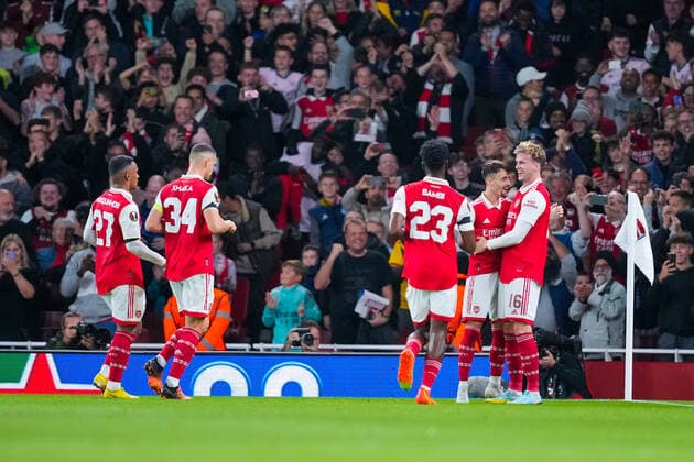 UEFA Europa League 2022 2023 Arsenal Bodo Glimt London, England 20221006 Arsenals players celebrate after scoring during the Europa League group stage match between Arsenal and Bodo Glimt at the Emirates Stadium Photo Beate Oma Dahle NTB London England  Copyright: xBeatexOmaxDahlex xNTBx EDITORIAL USE ONLY. RESTRICTED USE FOR BETTING COMPANIES