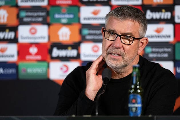 221006 Urs Fischer,head coach of Union Berlin during a press conference, PK, Pressekonferenz after the UEFA Europa League match between Malmö FF and Union Berlin on October 6, 2022 in Malmö. Photo: Petter Arvidson BILDBYRAN kod PA PA0409 fotboll football soccer fotball uefa europa league malmö ff union berlin bbeng Copyright: PETTERxARVIDSON BB221006PA175