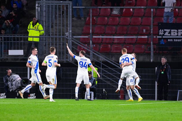 Joie des joueurs de Dynamo Kiev apres le but de Viktor Tsygankov ( 15 - Dynamo Kiev ) - FOOTBALL : Rennes vs Dynamo Kiev - Ligue Europa - 06 10 2022 FedericoPestellini Panoramic 