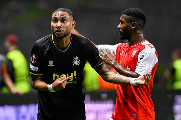 Union s Loic Lapoussin reacts during a match between the Portugese club SC Braga and Belgian soccer team Royale Union Saint-Gilloise, Thursday 06 October 2022 in Braga, Portugal, the third game out of six in the group stage of the UEFA Europa League competition. LAURIExDIEFFEMBACQ  x46400627x