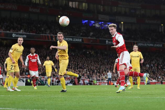 Arsenal v Bodo Glimt 06 October 2022, London - Europa League Group Stage - Arsenal v Bodo Glimt - Rob Holding of Arsenal scores their second goal - Photo: Jacques Feeney Offside. London UK Copyright: xJacquesxFeeneyx xOffsidexOffside
