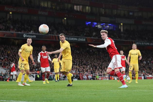 Arsenal v Bodo Glimt 06 October 2022, London - Europa League Group Stage - Arsenal v Bodo Glimt - Rob Holding of Arsenal scores their second goal - Photo: Jacques Feeney Offside. London UK Copyright: xJacquesxFeeneyx xOffsidexOffside