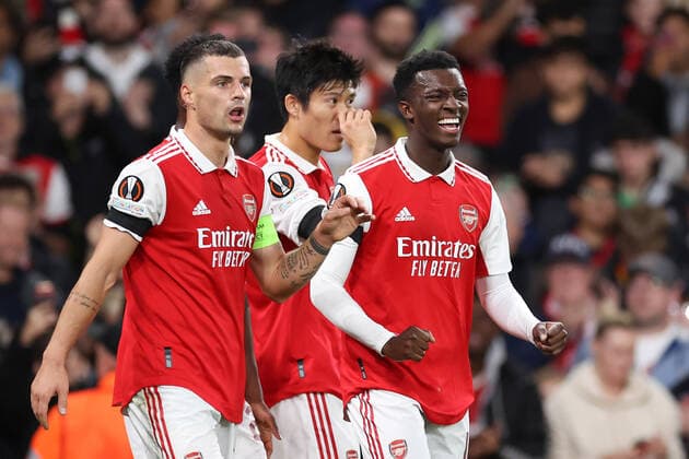 Arsenal v Bodo Glimt 06 October 2022, London - Europa League Group Stage - Arsenal v Bodo Glimt - Eddie Nketiah of Arsenal celebrates after scoring their first goal - Photo: Jacques Feeney Offside. London UK Copyright: xJacquesxFeeneyx xOffsidexOffside