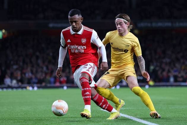 Mandatory Credit: Photo by Simon Dael Shutterstock (13442648ac) Marquinhos of Arsenal under pressure from Patrick Berg of Bodø Glimt Arsenal v Bodo Glimt, UEFA Europa League, Group A, Football, Emirates Stadium, London, UK - 06 Oct 2022 EDITORIAL USE ONLY No use with unauthorised audio, video, data, fixture lists, club league logos or live services. Online in-match use limited to 120 images, no video emulation. No use in betting, games or single club league player publications. Arsenal v Bodo Glimt, UEFA Europa League, Group A, Football, Emirates Stadium, London, UK - 06 Oct 2022 EDITORIAL USE ONLY No use with unauthorised audio, video, data, fixture lists, club league logos or live services. Online in-match use limited to 120 images, no video emulation. No use in betting, games or single club league player publications.  Copyright: xSimonxDael Shutterstockx 13442648ac
