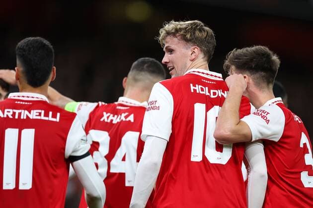 Mandatory Credit: Photo by Simon Dael Shutterstock (13442648z) Rob Holding of Arsenal celebrates after scoring a goal (2-0) Arsenal v Bodo Glimt, UEFA Europa League, Group A, Football, Emirates Stadium, London, UK - 06 Oct 2022 EDITORIAL USE ONLY No use with unauthorised audio, video, data, fixture lists, club league logos or live services. Online in-match use limited to 120 images, no video emulation. No use in betting, games or single club league player publications. Arsenal v Bodo Glimt, UEFA Europa League, Group A, Football, Emirates Stadium, London, UK - 06 Oct 2022 EDITORIAL USE ONLY No use with unauthorised audio, video, data, fixture lists, club league logos or live services. Online in-match use limited to 120 images, no video emulation. No use in betting, games or single club league player publications. Copyright: xSimonxDael Shutterstockx 13442648z