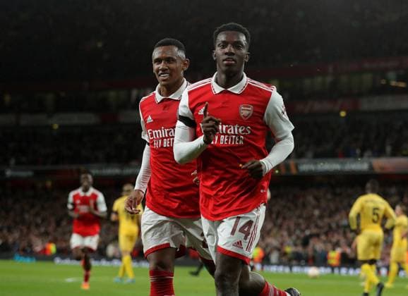 London, England, 6th October 2022. Eddie Nketiah of Arsenal celebrates after scoring the opening goal during the UEFA Europa League match at the Emirates Stadium, London. Picture credit should read: Paul Terry Sportimage EDITORIAL USE ONLY. No use with unauthorised audio, video, data, fixture lists, club league logos or live services. Online in-match use limited to 120 images, no video emulation. No use in betting, games or single club league player publications. SPI-1926-0020