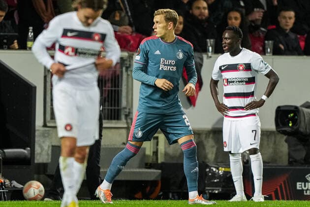 UEFA Europa League: FC Midtjylland v Feyenoord Herning - Marcus Holmgren Pedersen of Feyenoord during the match between FC Midtjylland v Feyenoord at MCH Arena on 6 October 2022 in Herning, Denmark. Copyright: xTomxBodex
