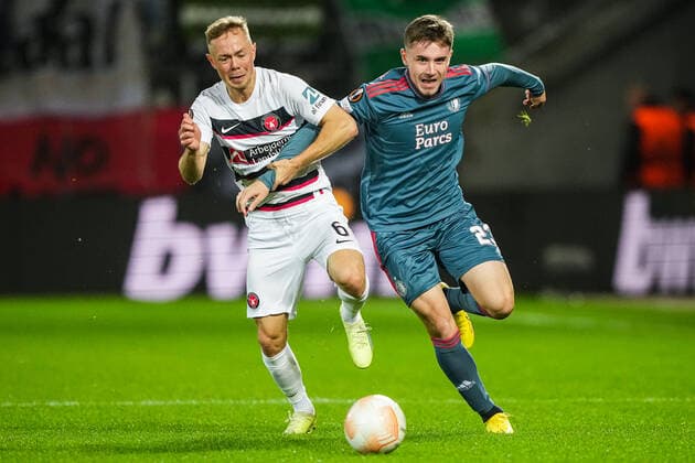 UEFA Europa League: FC Midtjylland v Feyenoord Herning - Joel Andersson of FC Midtjylland, Patrik Walemark of Feyenoord during the match between FC Midtjylland v Feyenoord at MCH Arena on 6 October 2022 in Herning, Denmark. Copyright: xTomxBodex