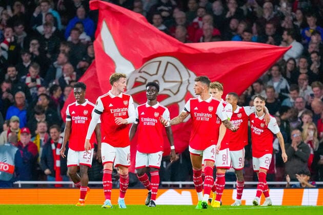 UEFA Europa League 2022 2023 Arsenal Bodo Glimt London, England 20221006 Arsenals players with Martin odegaard no three f h cheer after scoring 3 0 during the group stage match in the Europa League between Arsenal and Bodo Glimt at the Emirates Stadium Photo Beate Oma Dahle NTB London England  Copyright: xBeatexOmaxDahlex xNTBx EDITORIAL USE ONLY. RESTRICTED USE FOR BETTING COMPANIES