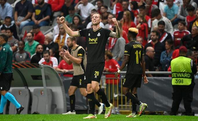 BRAGA, PORTUGAL - OCTOBER 06 : Gustav Nilsson celebrates after scoring during Uefa Europa league match between SC Braga and Union St-Gilloise on October 6, 2022 in Estadio Municipal de Braga Braga, Portugal, 6 10 2022 ( SC Braga v Union St-Gilloise : Uefa Europa league PhotoNews Panoramic 