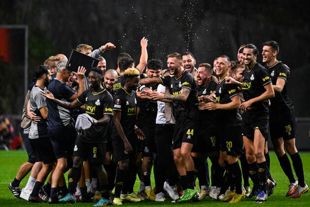 Union s players celebrate after winning a match between the Portugese club SC Braga and Belgian soccer team Royale Union Saint-Gilloise, Thursday 06 October 2022 in Braga, Portugal, the third game out of six in the group stage of the UEFA Europa League competition. LAURIExDIEFFEMBACQ  x46404439x