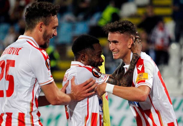 06.10.2022 Belgrade(Serbia) FK Crvena Zvezda(Red Star)- Ferencvaros Europa League men s football Strahinja Erakovic,Guelor Kanga,Stefan Mitrovic Crvena Zvezda(Red Star) :Str