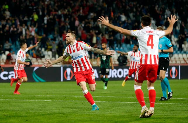 (221007) -- BELGRADE, Oct. 7, 2022 -- Aleksandar Katai (C) of Crvena Zvezda celebrates his goal during an UEFA Europa League match between Crvena Zvezda and Ferencvaros in Belgrade, Serbia, on Oct 6, 2022. (Photo by Xinhua) (SP)SERBIA-BELGRADE-FOOTBALL-UEFA EUROPA LEAGUE-CRVENA ZVEZDA VS FERENCVAROS PredragxMilosavljevic 