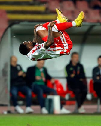 (221007) -- BELGRADE, Oct. 7, 2022 -- Guelor Kanga of Crvena Zvezda celebrates his goal during an UEFA Europa League match between Crvena Zvezda and Ferencvaros in Belgrade, Serbia, on Oct 6, 2022. (Photo by Xinhua) (SP)SERBIA-BELGRADE-FOOTBALL-UEFA EUROPA LEAGUE-CRVENA ZVEZDA VS FERENCVAROS PredragxMilosavljevic 