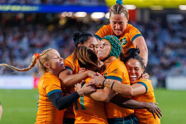 Sport Themen der Woche KW40 Sport Bilder des Tages WOMENS RUGBY WORLD CUP NEW ZEALAND AUSTRALIA, Australia celebrate Ivania Wong?s try during the Women s Rugby World Cup Group Stage match between New Zealand and Australia at Eden Park in Auckland, New Zealand, Saturday, October 8, 2022. ( NO ARCHIVING, EDITORIAL USE ONLY, NO USE IN BOOKS WITHOUT CONSENT AUCKLAND Auckland NEW ZEALAND  Copyright: xAARONxGILLIONSx 20221008001713905372
