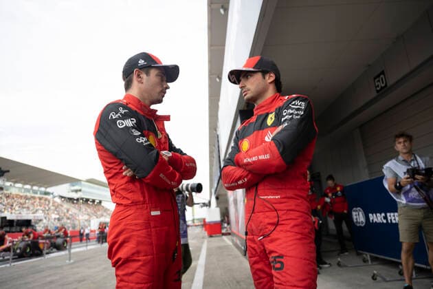 October 8, 2022, Suzuka, Mie, Japan: October 8, 2022: Suzuka Circuit, Mie Prefecture, JAPAN: CHARLES LECLERC of Ferrari 16 (left) and CARLOS SAINZ 55 (right) talk on the pit road after qualifying 2nd and 3rd respectively during the Formula 1 Honda Japanese Grand Prix. Motorsports. Suzuka Japan - ZUMAb177 20221008_zap_b177_033 Copyright: xTaidghxBarronx