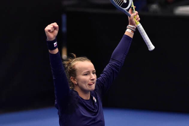 Barbora Krejcikova of Czech Republic celebrates winning the WTA, Tennis Damen Agel Open 2022 women s tennis tournament match against Elena Rybakina of Kazakhstan, on October 8, 2022, in Ostrava, Czech Republic. (CTKxPhoto JaroslavxOzana) CTKPhotoP2022100804073  JAO 17