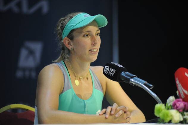 October 8, 2022, Monastir, Tunisia: The Belgian Elise Mertens during the press conference, PK, Pressekonferenz after her victory in the semi-final of the Jasmin Open Monastir tournament against the American Claire Liu. Tunisia - ZUMAm107 20221008_zaf_m107_057 Copyright: xChokrixMahjoubx