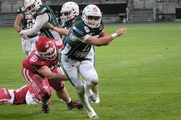 08.10.2022 xkhx Frankfurt am Main, Deutsche Bank Park, German Football League (GFL) Erima German Bowl XLIII - Finale Potsdam Royals - Schwäbisch Hall Unicorns Hennessey Reilly (11, Schwäbisch Hall Unicorns)