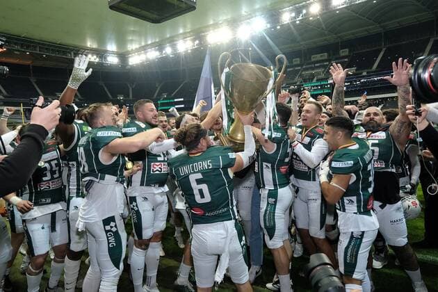 08.10.2022 xkhx Frankfurt am Main, Deutsche Bank Park, German Football League (GFL) Erima German Bowl XLIII - Finale Potsdam Royals - Schwäbisch Hall Unicorns Jubel bei den Siegern Schwäbisch Hall Unicorns