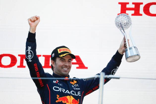 PEREZ Sergio (mex), Red Bull Racing RB18, portrait podium during the Formula 1 Honda Japanese Grand Prix 2022, 18th round of the 2022 FIA Formula One World Championship, WM, Weltmeisterschaft from October 7 to 9, 2022 on the Suzuka International Racing Course, in Suzuka, Mie Prefecture, Japan - F1 - JAPANESE GRAND PRIX 2022 - RACE DPPI Panoramic  00122042__V2_9154