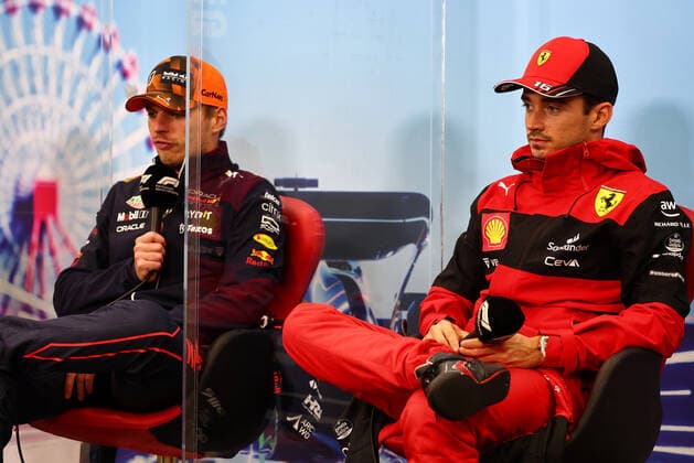 From left to right: Max Verstappen (NLD) Red Bull Racing and Charles Leclerc (MON) Ferrari, portrait in the post race FIA press conference, PK, Pressekonferenz during the Formula 1 Honda Japanese Grand Prix 2022, 18th round of the 2022 FIA Formula One World Championship, WM, Weltmeisterschaft from Octobre 7 to 9, 2022 on the Suzuka International Racing Course, in Suzuka, Mie Prefecture, Japan - F1 - JAPANESE GRAND PRIX 2022 - RACE DPPI Panoramic JAPAN_SUNDAY_FIA_PRESS_CONF_10