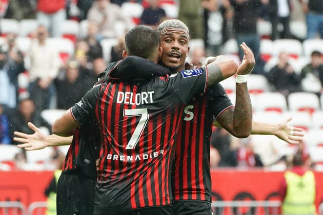 Joie - Andy Delort (OGC Nice) - Mario Lemina (OGC Nice) FOOTBALL : OGC Nice vs Troyes - Ligue 1 Uber Eats - Nice - 09 10 2022 NorbertScanella Panoramic 