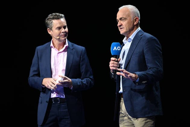 AUSTRALIAN OPEN TENNIS LAUNCH, Wally Masur, former Australian tennis player (right) speaks during the launch of the 2023 Australian Open tennis tournament at Melbourne Park in Melbourne, Wednesday, October 12, 2022. ( NO ARCHIVING, EDITORIAL USE ONLY, NO USE IN BOOKS WITHOUT CONSENT MELBOURNE VIC AUSTRALIA  Copyright: xJAMESxROSSx 20221012001715824289