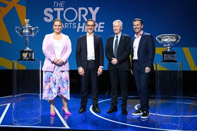 AUSTRALIAN OPEN TENNIS LAUNCH, (L-R) Jelena Dokic, Steve Dimopoulos, the Victorian Minister for Tourism, and Major Events, Craig Tiley, CEO of Tennis Australia, and Todd Woodbridge pose for a photograph during the launch of the 2023 Australian Open tennis tournament at Melbourne Park in Melbourne, Wednesday, October 12, 2022. ( NO ARCHIVING, EDITORIAL USE ONLY, NO USE IN BOOKS WITHOUT CONSENT MELBOURNE VIC AUSTRALIA  Copyright: xJAMESxROSSx 20221012001715824798