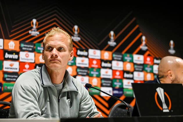 Union s head coach Karel Geraerts pictured during a press conference, PK, Pressekonferenz of Belgian soccer team Royale Union Saint-Gilloise, Wednesday 12 October 2022 in Leuven, in preparation of tomorrow s game against Portuguese Braga SC on the fourth day of the Uefa Europa League group stage. TOMxGOYVAERTS  x46927847x