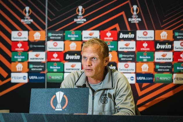 LEUVEN, BELGIUM - OCTOBER 12 : Geraerts Karel head coach of Union St-Gilloise during press conference, PK, Pressekonferenz prior as the Uefa Europa league match between SC Braga and Union St-Gilloise pictured on October 12, 2022 in Leuven, Belgium, 12 10 2022 ( PN Press Conference Union St-Gilloise v SC Braga : Uefa Europa league media PhotoNews Panoramic 