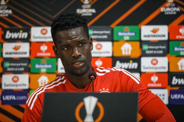 Ousseynou Ba of Olympiacos Olympiakos Piraeus speech during the press conference, PK, Pressekonferenz ahead of the UEFA Europa League Group G match between Qarabag FK and Olympiacos at Tofig Bahramov Stadium on October 12, 2022, in Baku, Azerbaijan. Copyright: xx olyp_training-10