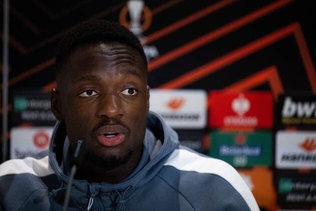 221012 Goalkeeper Ismael Diawara during a press conference, PK, Pressekonferenz with Malmö FF on October 12, 2022 in Berlin. Photo: Petter Arvidson BILDBYRAN kod PA PA0414 fotboll football soccer fotball uefa europa league presskonferens press conference malmö ff bbeng Copyright: PETTERxARVIDSON BB221012PA118