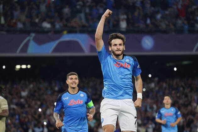 Khvicha Kvaratskhelia of SSC Napoli celebrates after scoring the goal of 3-0 during the Champions League Group A football match between SSC Napoli and AFC Ajax at Diego Armando Maradona stadium in Napoli (Italy), October 12th, 2022. Photo Cesare Purini Insidefoto cesarexpurini