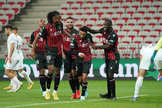 Joie - Sofiane Diop (OGC Nice) - Khephren Thuram (OGC Nice) - Nicolas Pepe (OGC Nice) FOOTBALL : OGC Nice vs Slovacko - europa conference league - Phase de groupe - Nice - 13 10 2022 NorbertScanella Panoramic 