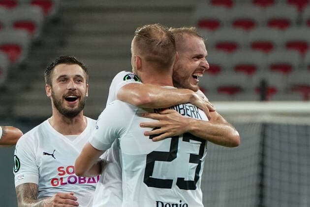 Fin de match - joie - Vlastimil Danicek (Slovacko) - Petr Reinberk (Slovacko) FOOTBALL : OGC Nice vs Slovacko - europa conference league - Phase de groupe - Nice - 13 10 2022 NorbertScanella Panoramic 