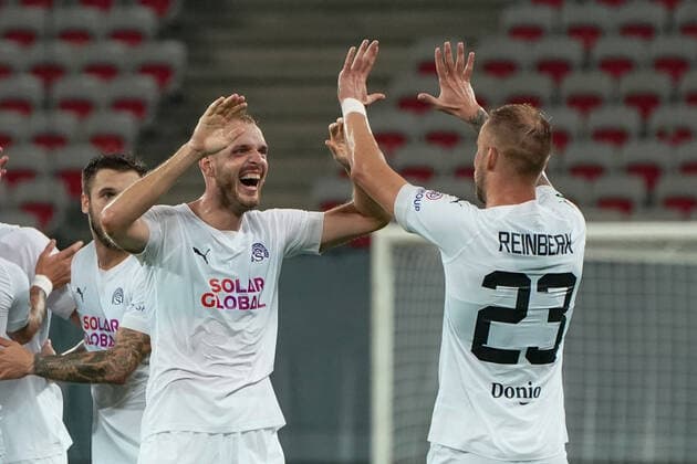 Fin de match - joie - Vlastimil Danicek (Slovacko) - Petr Reinberk (Slovacko) FOOTBALL : OGC Nice vs Slovacko - europa conference league - Phase de groupe - Nice - 13 10 2022 NorbertScanella Panoramic 