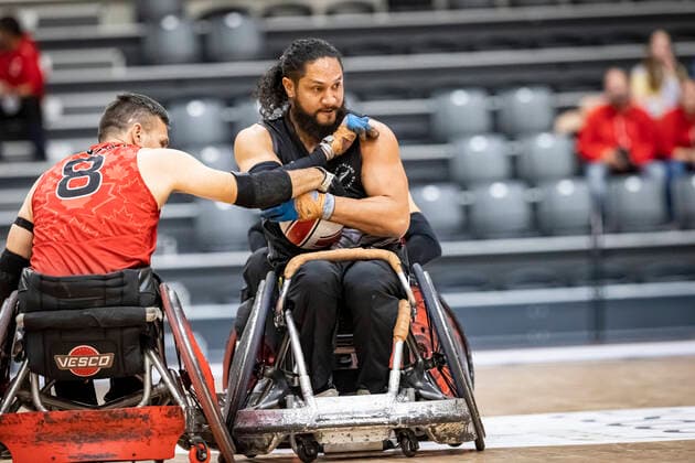 Canada vs. New Zealand, 2022 Wheelchair Rugby World Championship, WM, Weltmeisterschaft Vejle; 15.10.22 Mike Whitehead (no. 08, Team Canada), Hayden Barton-Cootes (no. 06, Team New Zealand) Copyright: xBEAUTIFULxSPORTS MarioxM.xKobergx