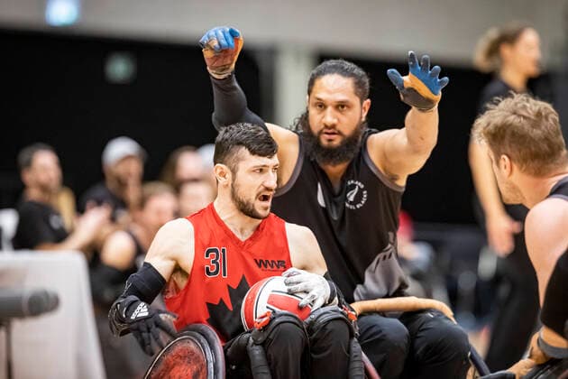 Canada vs. New Zealand, 2022 Wheelchair Rugby World Championship, WM, Weltmeisterschaft Vejle; 15.10.22 Matt Debly (no. 31, Team Canada), Hayden Barton-Cootes (no. 06, Team New Zealand) Copyright: xBEAUTIFULxSPORTS MarioxM.xKobergx