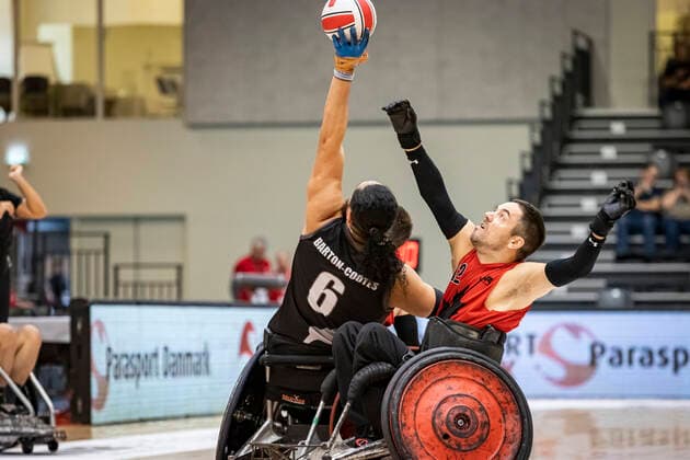 Canada vs. New Zealand, 2022 Wheelchair Rugby World Championship, WM, Weltmeisterschaft Vejle; 15.10.22 Hayden Barton-Cootes (no. 06, Team New Zealand), Patrice Dagenais (no. 12, Team Canada) Copyright: xBEAUTIFULxSPORTS MarioxM.xKobergx